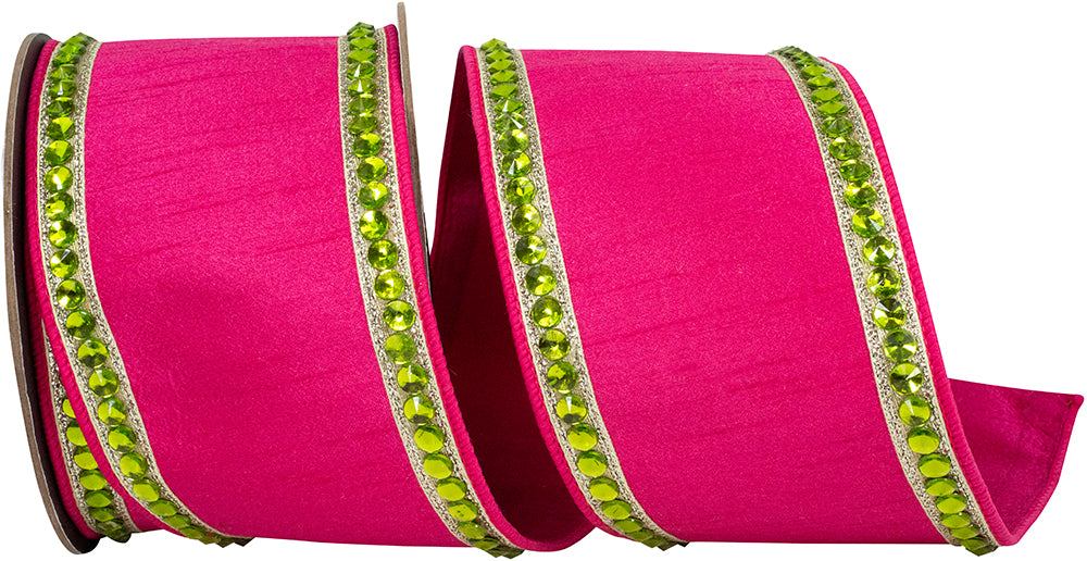 Fuchsia Lime 4 Inch Rhinestone Edge Dupioni Deluxe Backed Wired Edge Ribbon for Wreaths & Bows