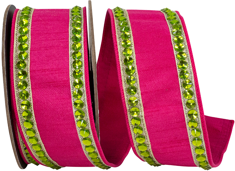 Fuchsia Lime 2-1 2 Inch Rhinestone Edge Dupioni Deluxe Backed Wired Edge Ribbon for Wreaths & Bows
