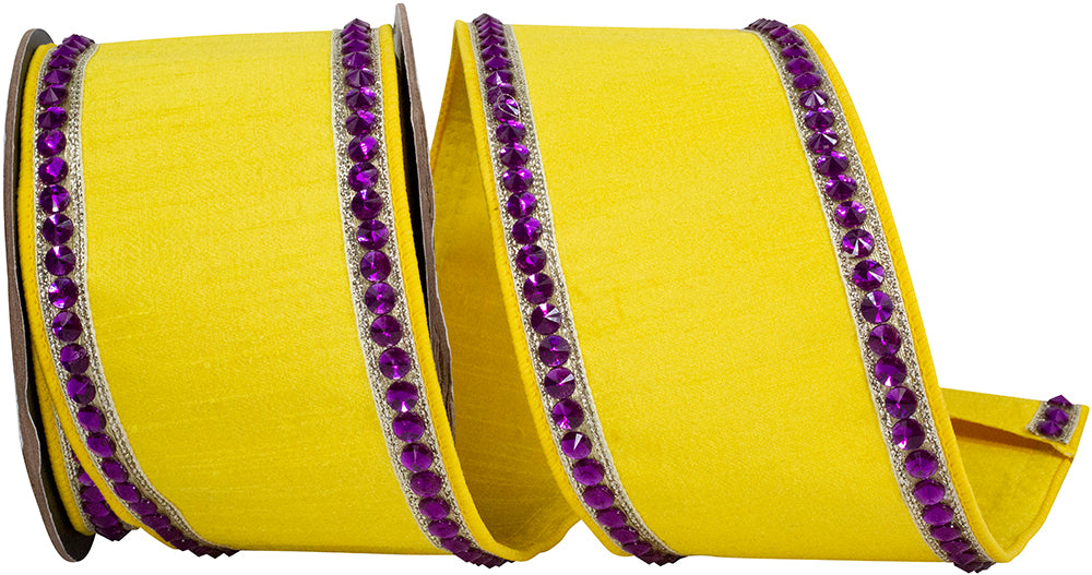 Rhinestone Edge Dupioni Ribbon 4 Inch Yellow Fuchsia
