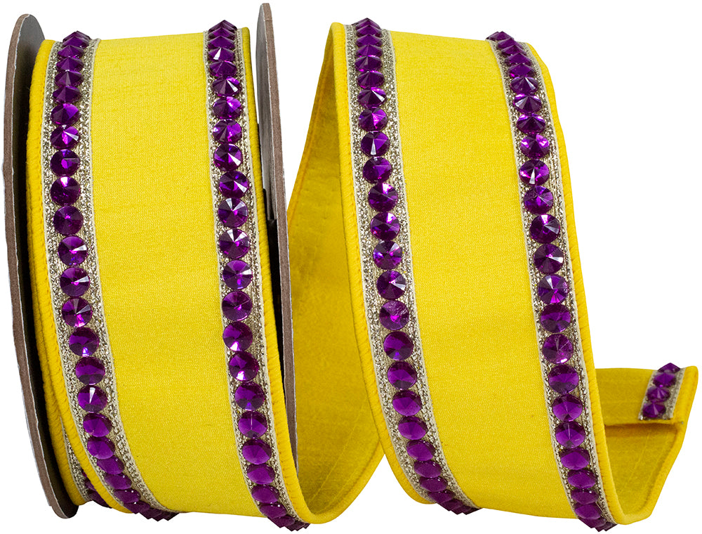 Rhinestone Edge Dupioni Ribbon Yellow Fuchsia 2-1/2 Inch