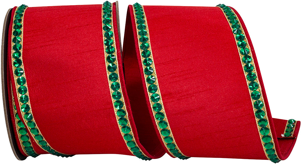 Red Green 4 Inch Rhinestone Edge Dupioni Deluxe Backed Wired Edge Ribbon for Wreaths & Bows