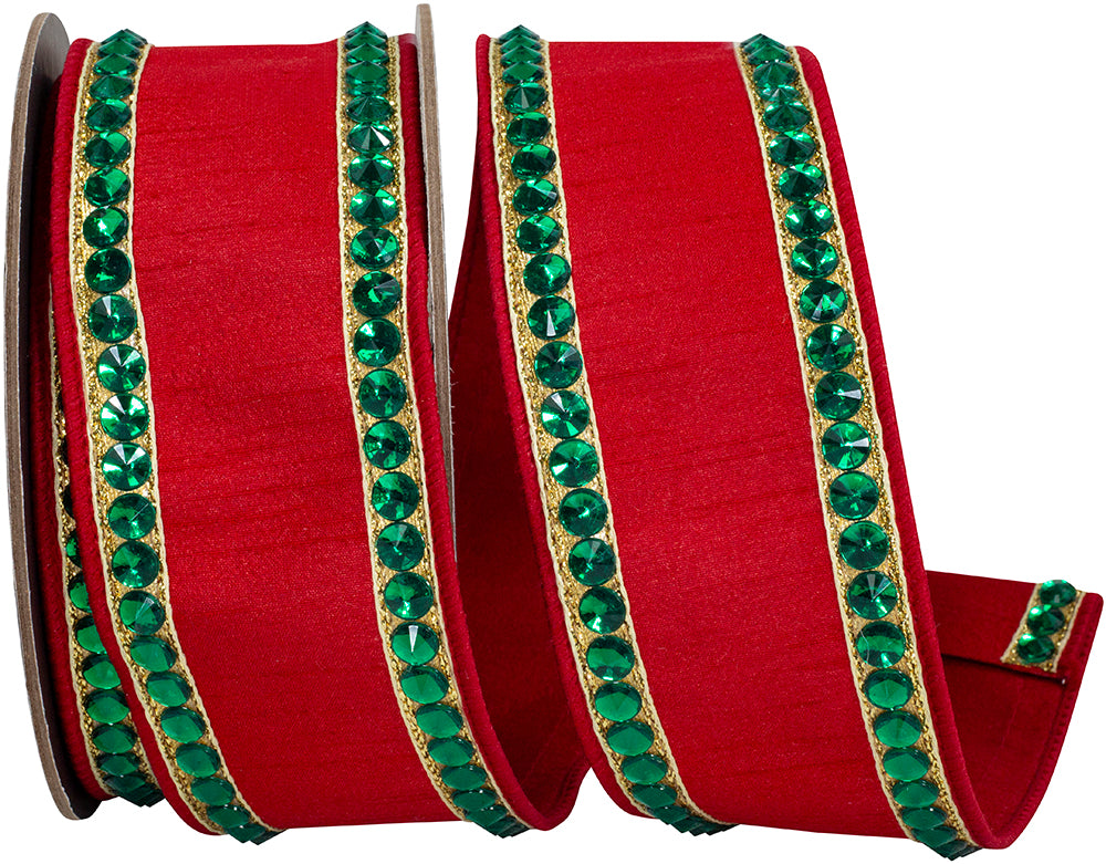 Red Green 2-1 2 Inch Rhinestone Edge Dupioni Deluxe Backed Wired Edge Ribbon for Wreaths & Bows