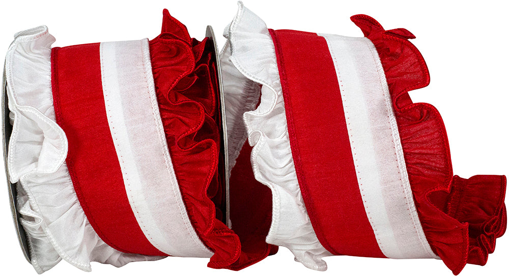 White Red 4 Inch Ruffle Festivity Dupioni Deluxe Wired Edge Ribbon for Wreaths & Bows
