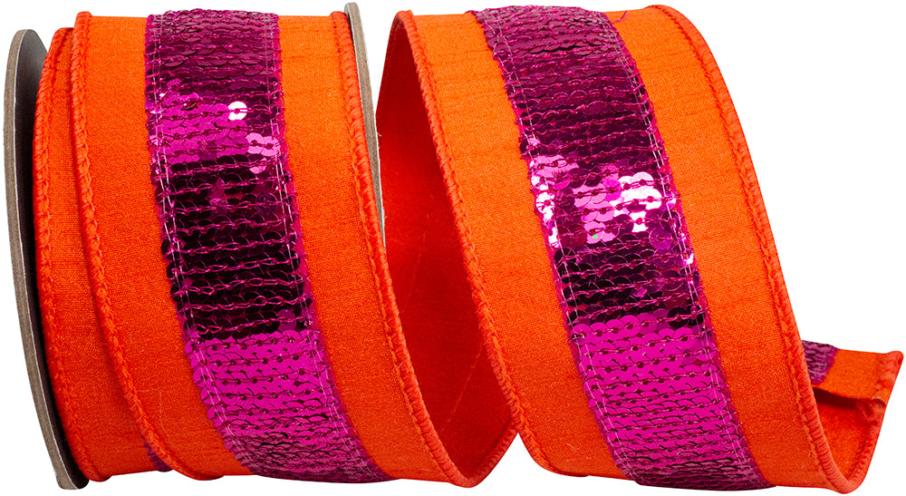 Sequin Striped Dupioni Ribbon Orange Fuchsia 2-1/2 Inch