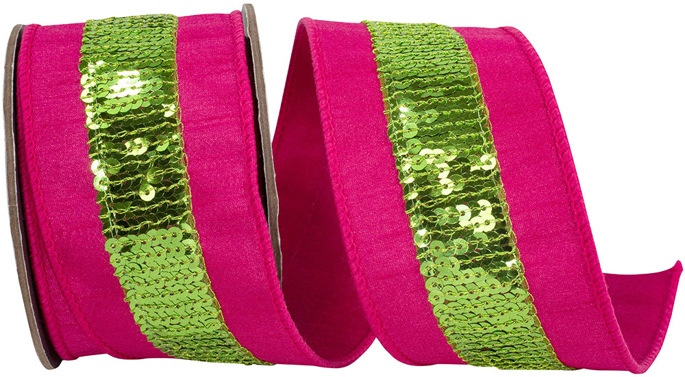 Fuchsia Lime Sequin Striped Dupioni Wired Edge Ribbon 2.5 Inch