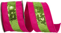Fuchsia Lime Sequin Striped Dupioni Wired Edge Ribbon 2.5 Inch