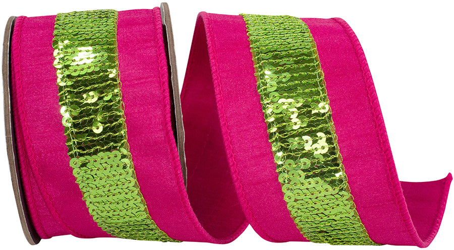 Fuchsia Lime Sequin Striped Dupioni Wired Edge Ribbon 2.5 Inch