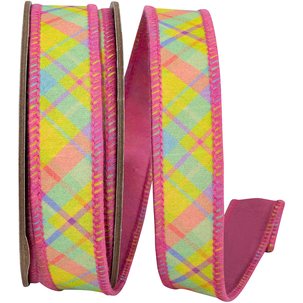 Wired Edge Ribbon Pink 1 Inch Springtime Plaid