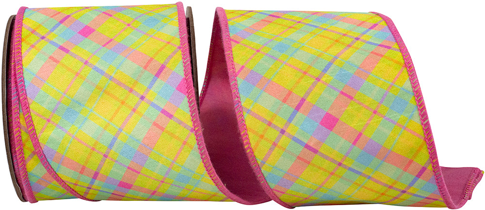 Pink Wired Edge Ribbon 4 Inch Springtime Plaid 10 Yards