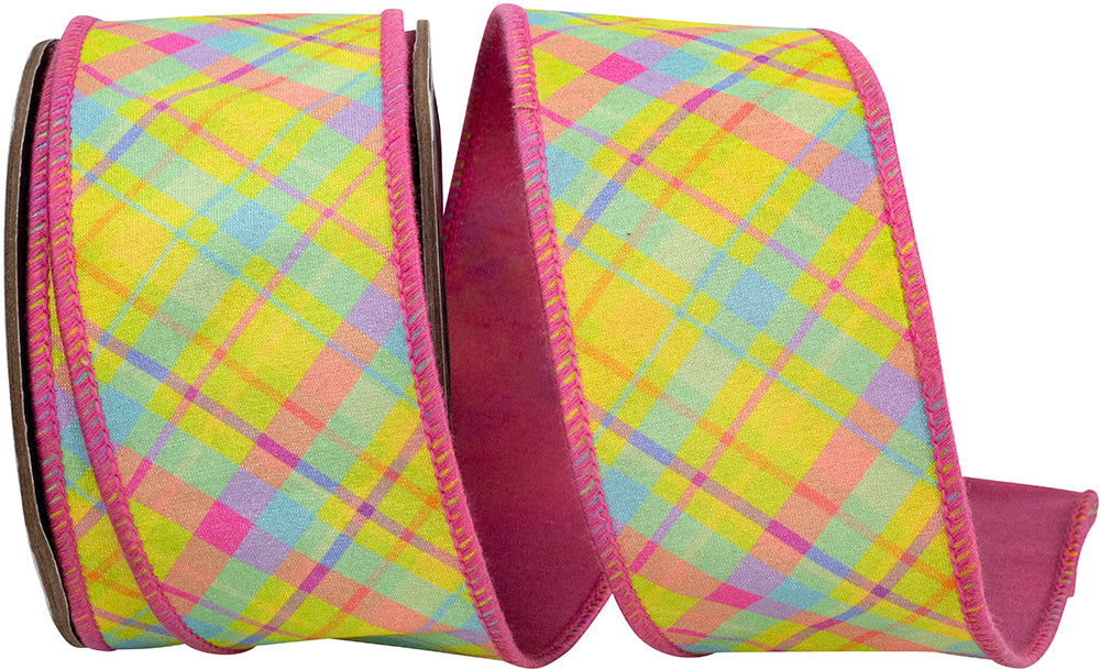 Wired Edge Ribbon Pink 2-1/2 Inch Springtime Plaid