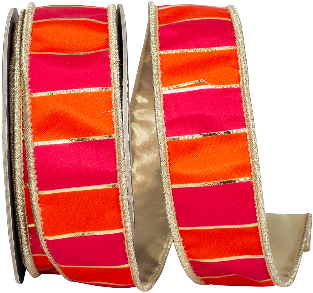 Striped Regal Bars Ribbon Orange Fuchsia 1-1/2 Inch 10 Yards