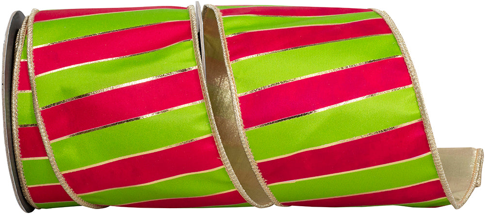4 Inch Fuchsia Lime Striped Wired Edge Ribbon for Wreaths