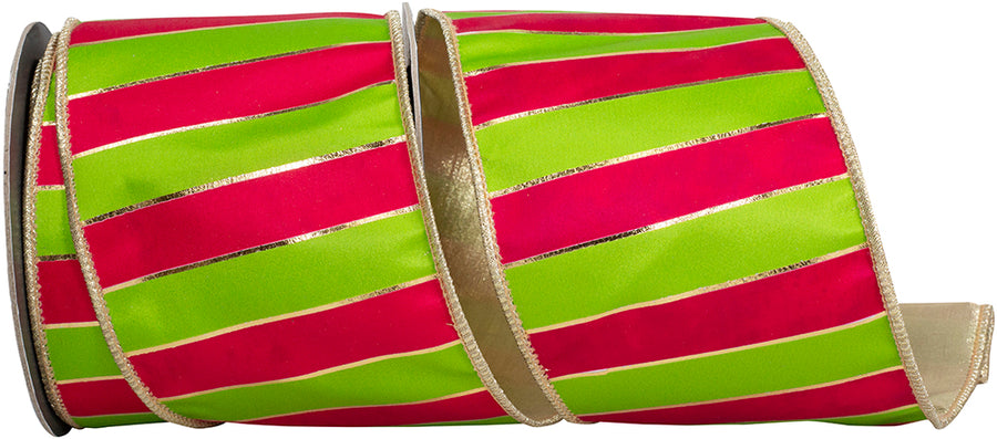 4 Inch Fuchsia Lime Striped Wired Edge Ribbon for Wreaths