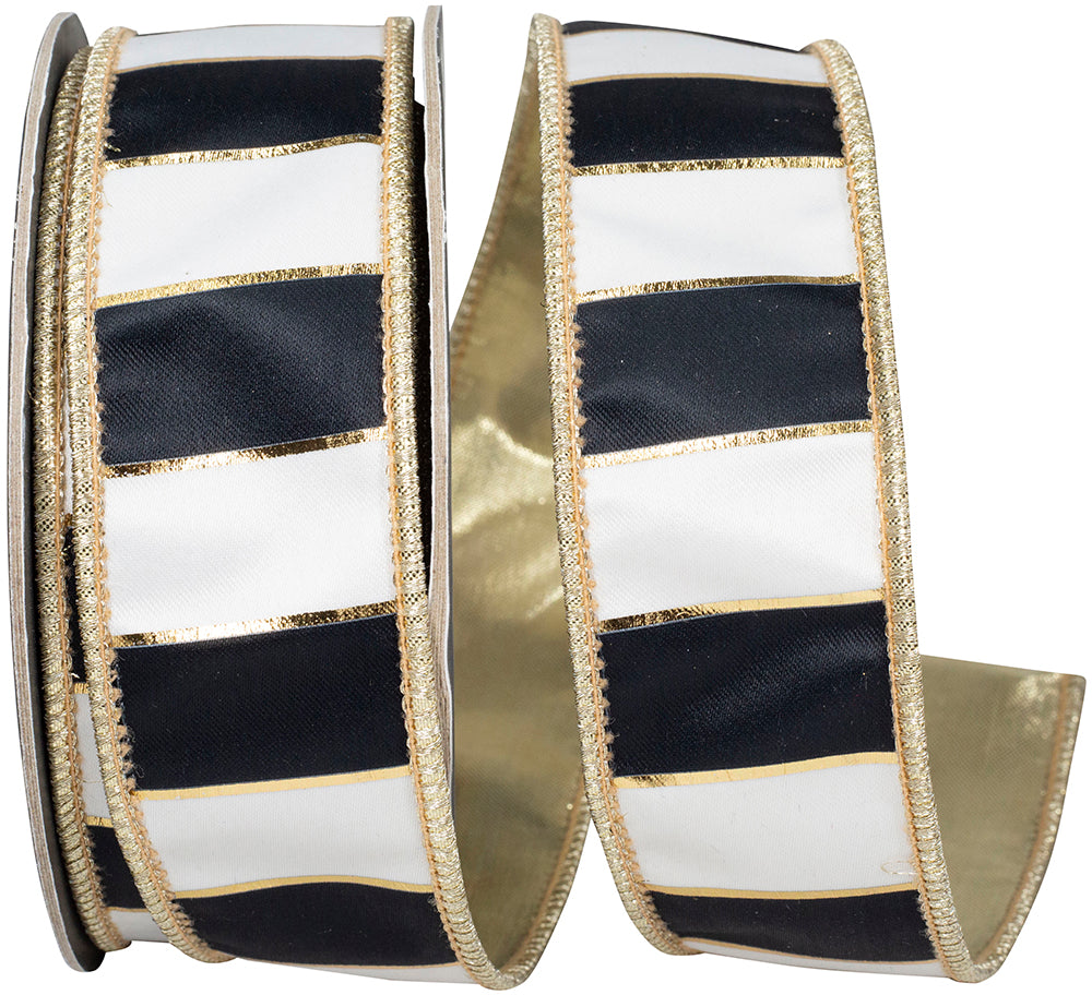 Striped Black White 1-1/2 Inch Wired Edge Ribbon