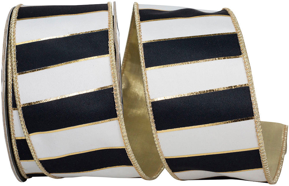 Striped Black White Wired Edge Ribbon 2-1/2 Inch 10 Yards