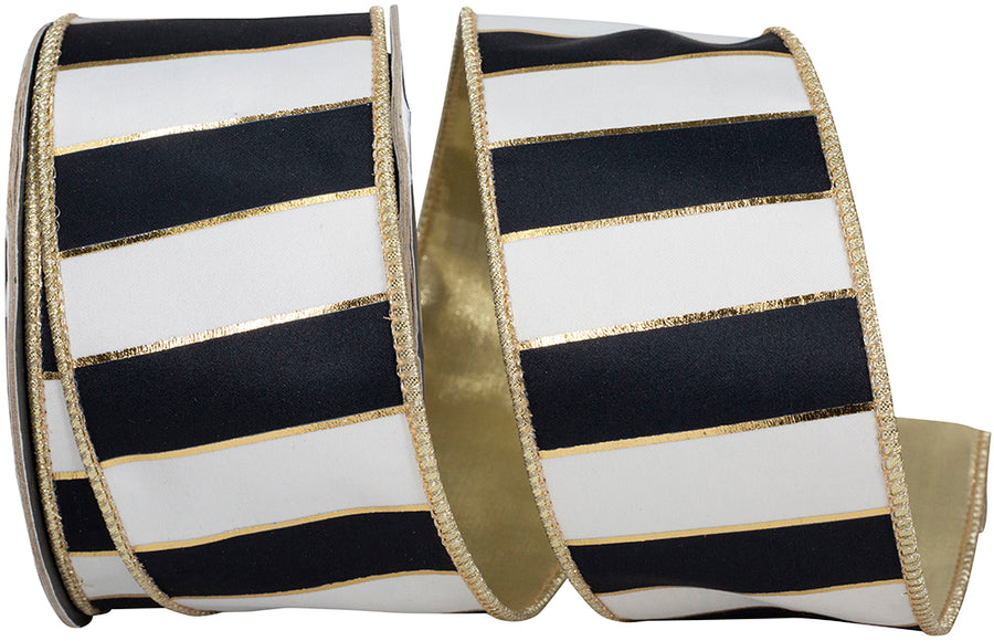 Striped Black White Wired Edge Ribbon 2-1/2 Inch 10Yds