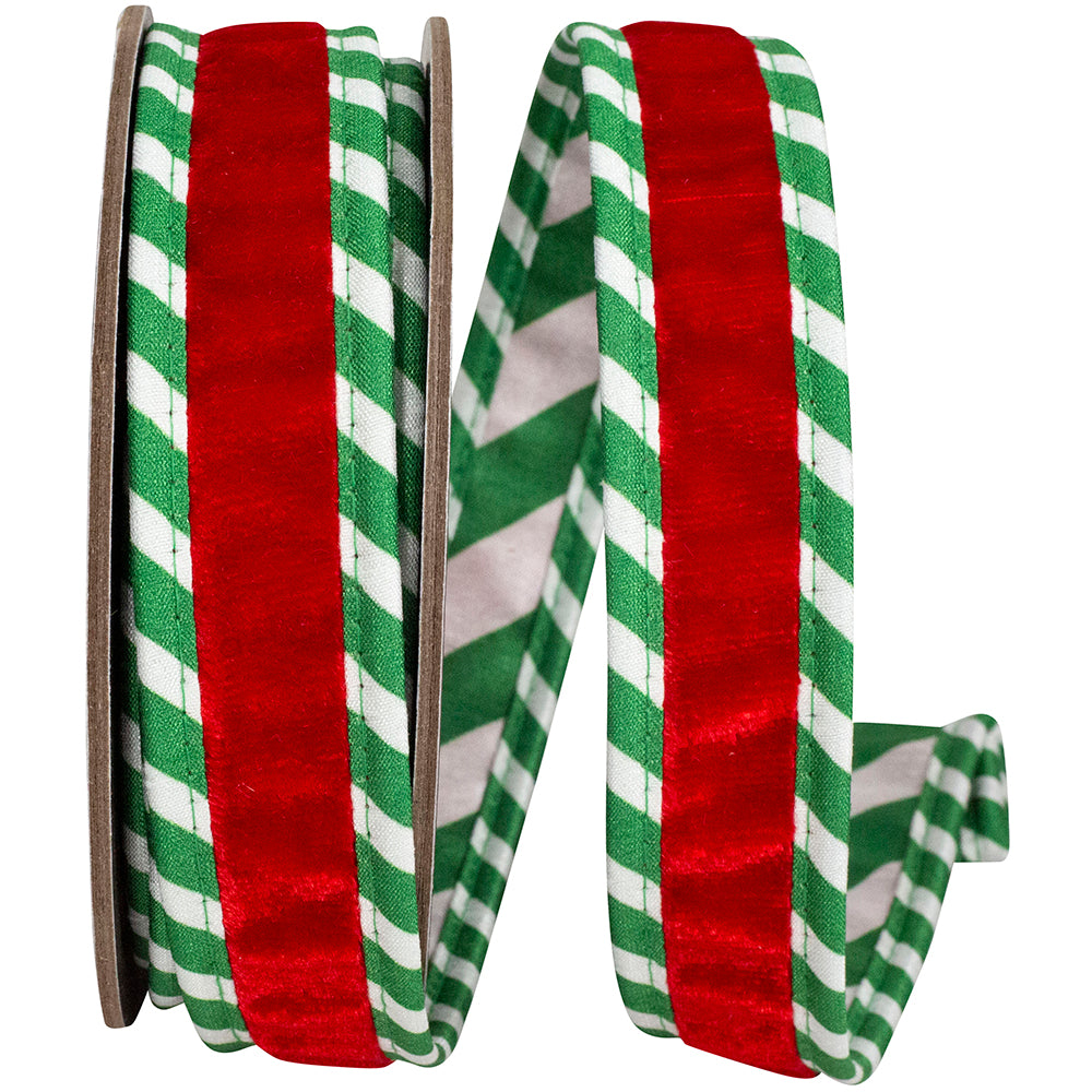 Red Green 1 Inch Striped Ticking Plush Velvet Deluxe Wired Edge Ribbon for Wreaths & Bows