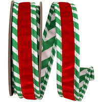 Red Green 1 Inch Striped Ticking Plush Velvet Deluxe Wired Edge Ribbon for Wreaths & Bows
