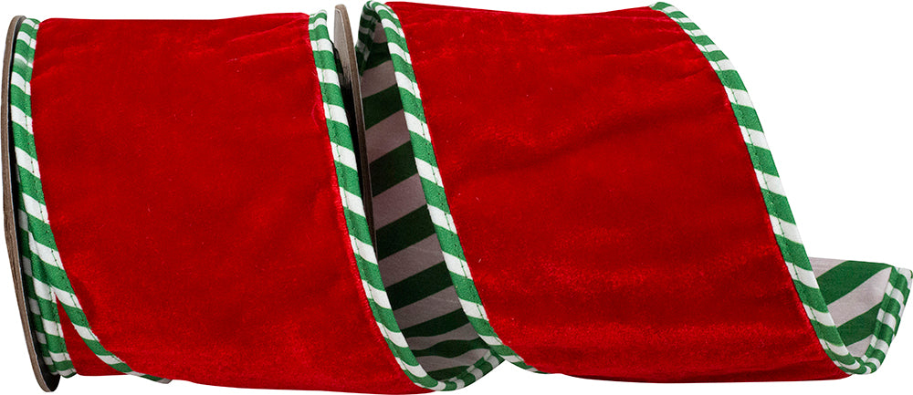 Red Green 4 Inch Striped Ticking Plush Velvet Deluxe Wired Edge Ribbon for Wreaths & Bows