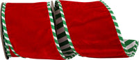 Red Green 4 Inch Striped Ticking Plush Velvet Deluxe Wired Edge Ribbon for Wreaths & Bows