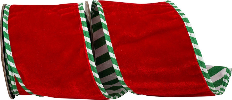 Red Green 4 Inch Striped Ticking Plush Velvet Deluxe Wired Edge Ribbon for Wreaths & Bows