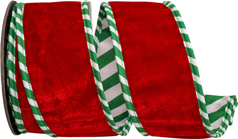 Red Green 2-1 2 Inch Striped Ticking Plush Velvet Deluxe Wired Edge Ribbon for Wreaths & Bows