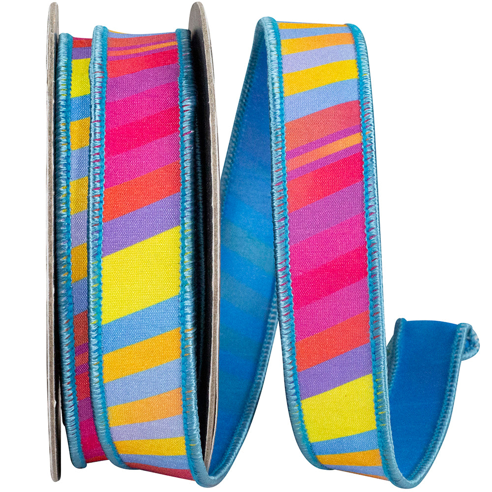 Multi 1 Inch Surfside Sunset Stripe Deluxe Dupioni Backed Wired Edge Ribbon for Wreaths & Bows