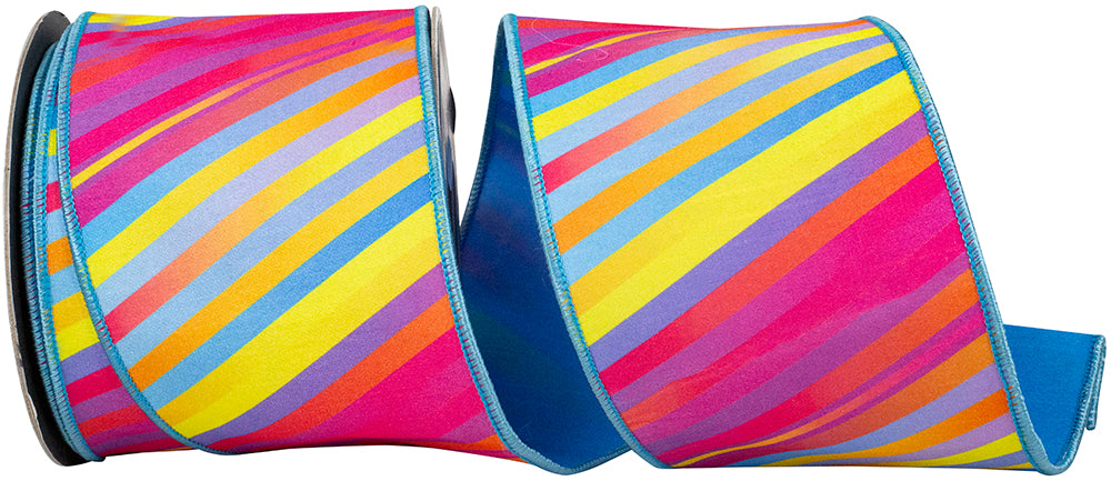 Multi 4 Inch Surfside Sunset Stripe Deluxe Dupioni Backed Wired Edge Ribbon for Wreaths & Bows