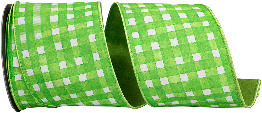 Green 4 Inch Watercolor Check Deluxe Dupioni Backed Wired Edge Ribbon for Wreaths & Bows