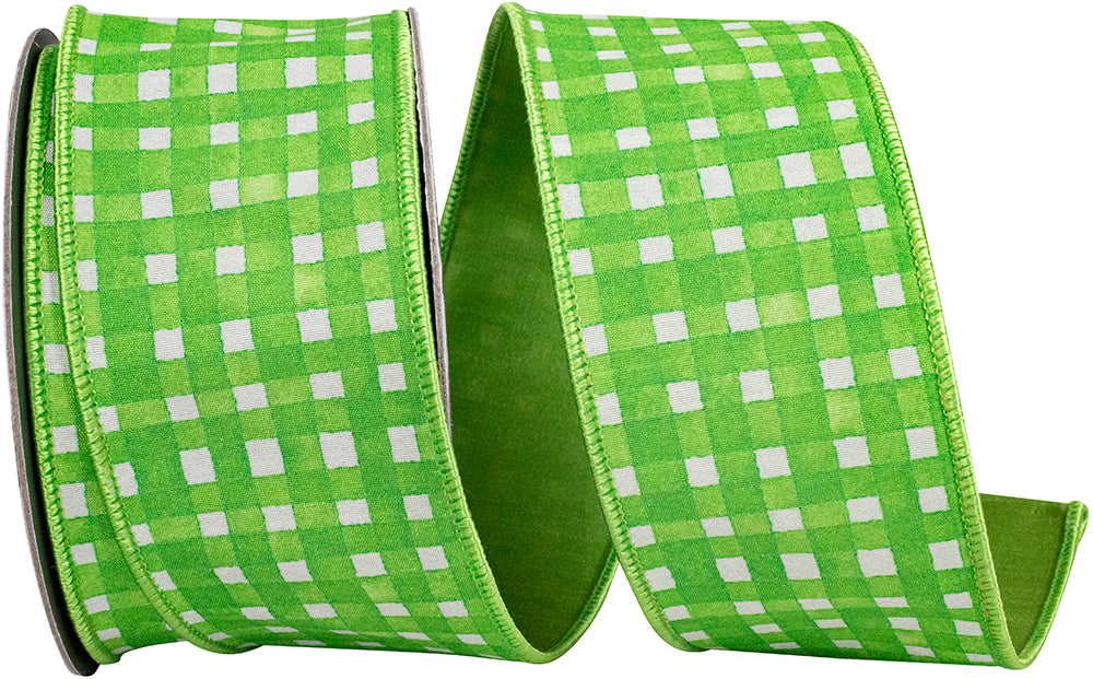 Green 2-1 2 Inch Watercolor Check Deluxe Dupioni Backed Wired Edge Ribbon for Wreaths & Bows