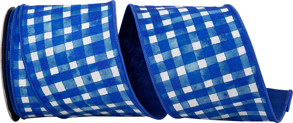 Royal 4 Inch Watercolor Check Deluxe Dupioni Backed Wired Edge Ribbon for Wreaths & Bows