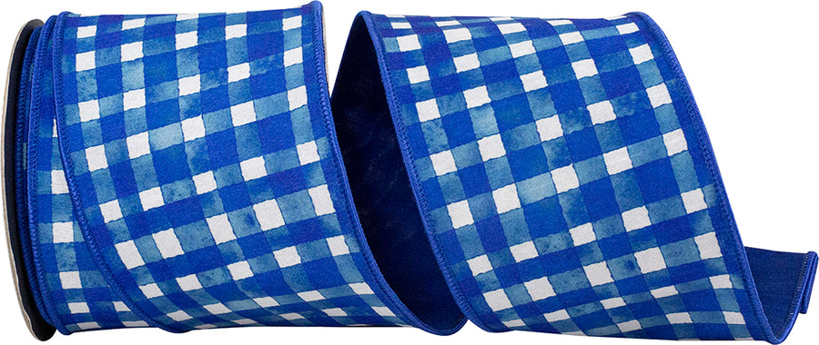 Royal 4 Inch Watercolor Check Deluxe Dupioni Backed Wired Edge Ribbon for Wreaths & Bows
