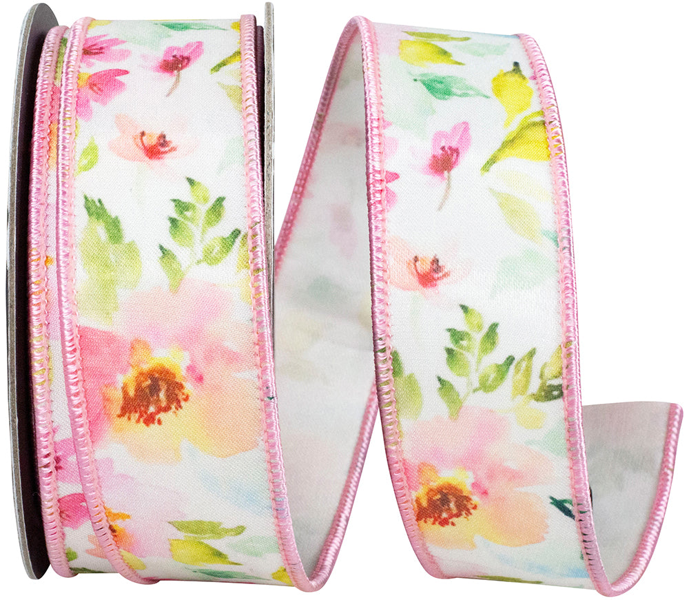 White Pink 1-1 2 Inch Watercolor Flowers Deluxe Fused Wired Edge Ribbon for Wreaths & Bows
