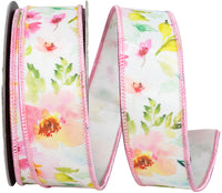 White Pink 1-1 2 Inch Watercolor Flowers Deluxe Fused Wired Edge Ribbon for Wreaths & Bows