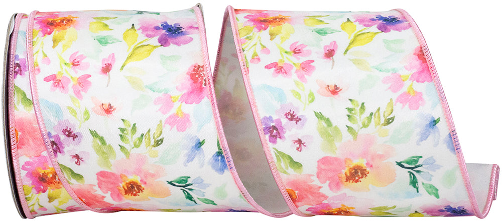 White Pink 4 Inch Watercolor Flowers Deluxe Fused Wired Edge Ribbon for Wreaths & Bows