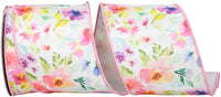 White Pink 4 Inch Watercolor Flowers Deluxe Fused Wired Edge Ribbon for Wreaths & Bows