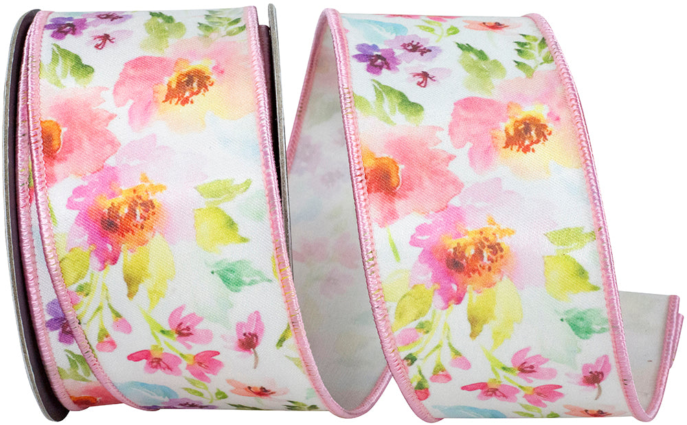 White Pink 2-1 2 Inch Watercolor Flowers Deluxe Fused Wired Edge Ribbon for Wreaths & Bows