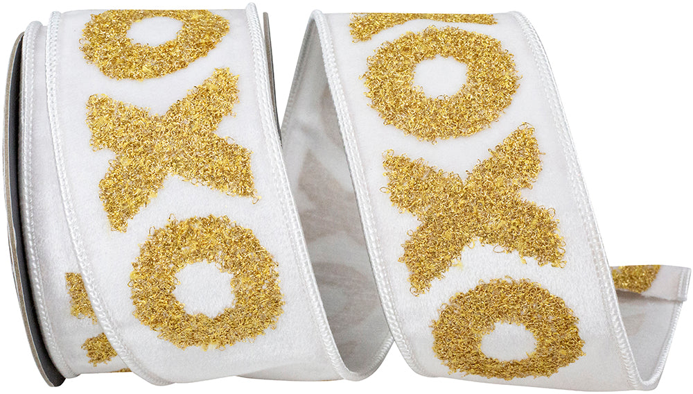 White Gold 2-1 2 Inch Xo Hugs And Kisses Embroidery Deluxe Backed Wired Edge Ribbon for Wreaths & Bows