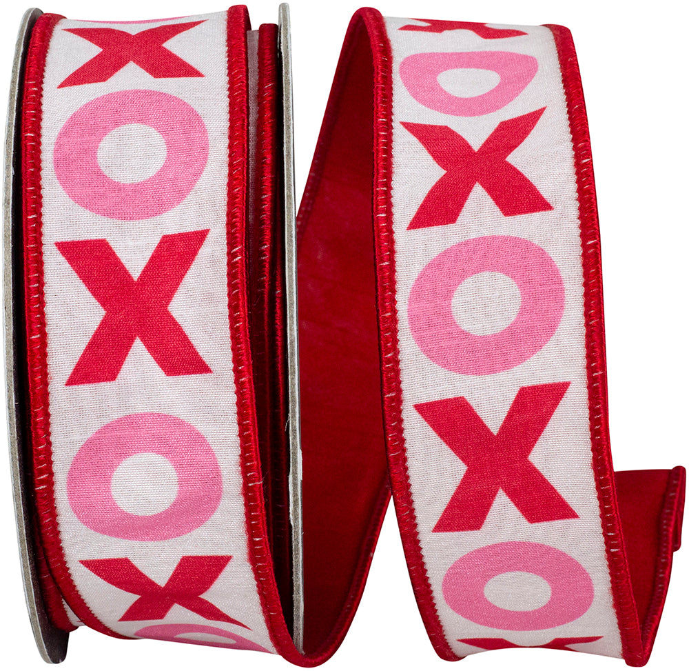 White 1-1 2 Inch Xo Hugs And Kisses Dupioni Backed Wired Edge Ribbon for Wreaths & Bows