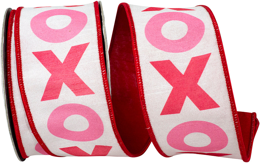 White 2-1 2 Inch Xo Hugs And Kisses Dupioni Backed Wired Edge Ribbon for Wreaths & Bows