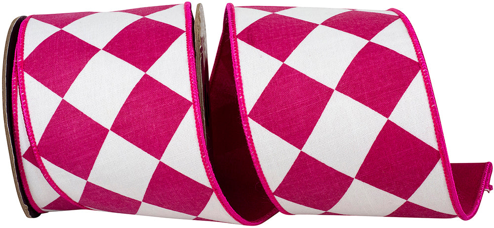 4 Inch Fuchsia White Diamond Dupioni Wired Edge Ribbon