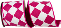 4 Inch Fuchsia White Diamond Dupioni Wired Edge Ribbon