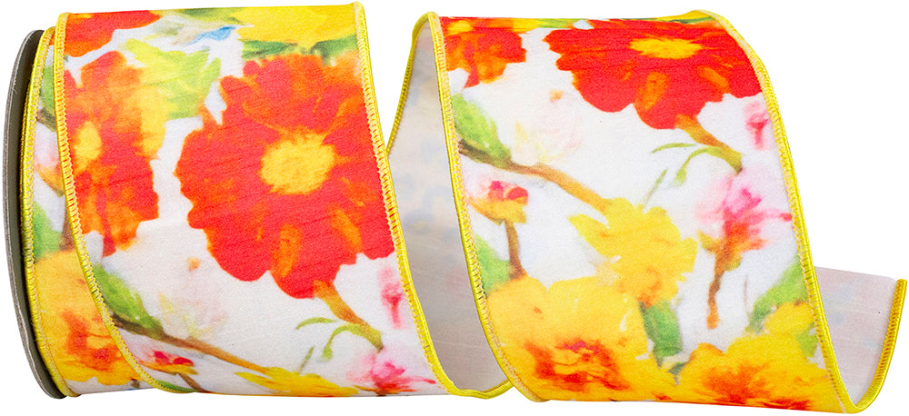 Yellow 4 Inch Flowers Colors Deluxe Dupioni Backed Wired Edge Ribbon for Wreaths & Bows