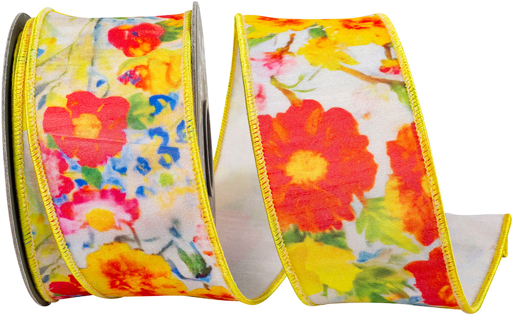 Yellow 2-1 2 Inch Flowers Colors Deluxe Dupioni Backed Wired Edge Ribbon for Wreaths & Bows