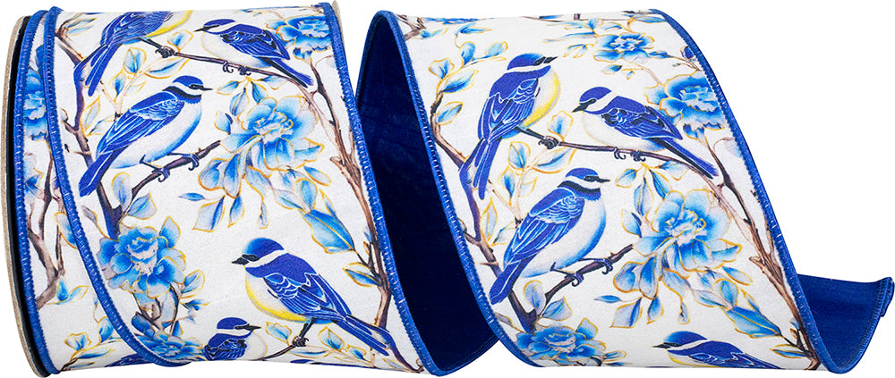 Blue White 4 Inch Blue Bird Perched Deluxe Dupioni Backed Wired Edge Ribbon for Wreaths & Bows