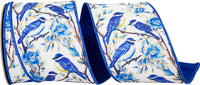 Blue White 4 Inch Blue Bird Perched Deluxe Dupioni Backed Wired Edge Ribbon for Wreaths & Bows