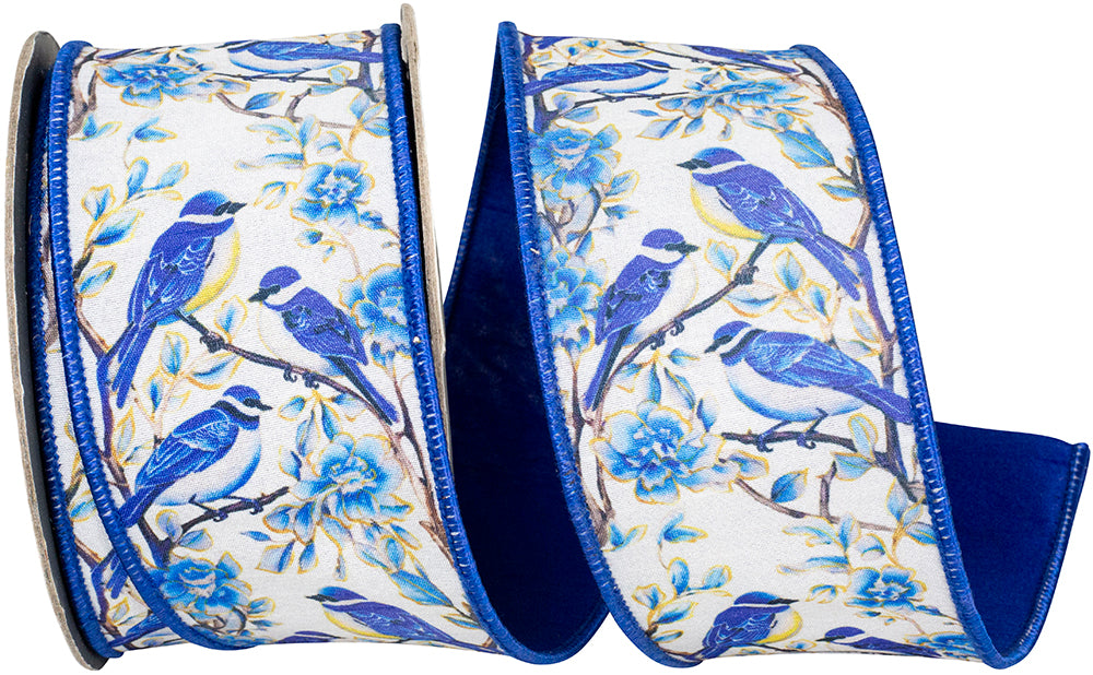 Blue White 2-1 2 Inch Blue Bird Perched Deluxe Dupioni Backed Wired Edge Ribbon for Wreaths & Bows