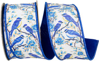 Blue White 2-1 2 Inch Blue Bird Perched Deluxe Dupioni Backed Wired Edge Ribbon for Wreaths & Bows