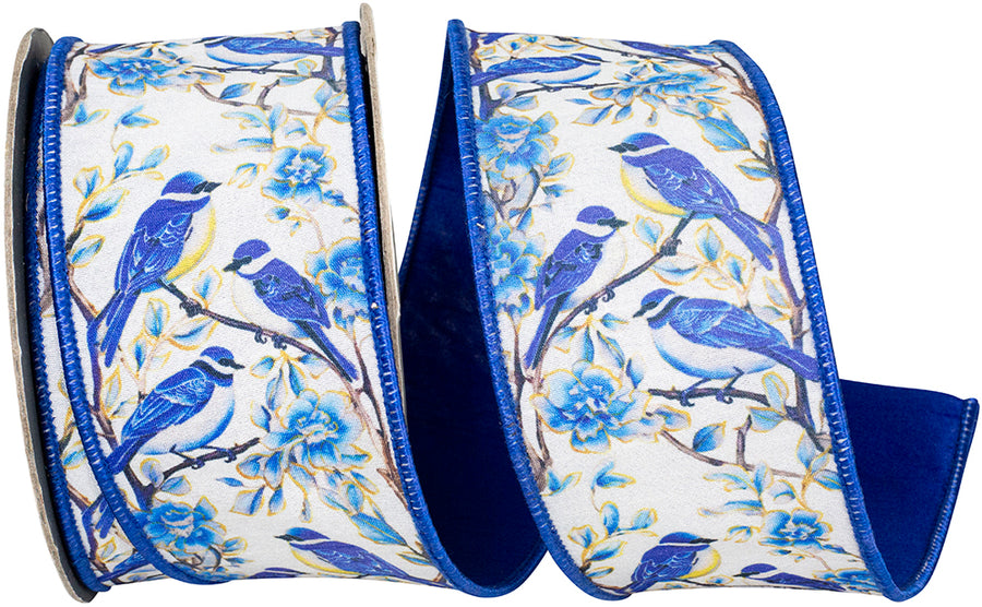 Blue White 2-1 2 Inch Blue Bird Perched Deluxe Dupioni Backed Wired Edge Ribbon for Wreaths & Bows