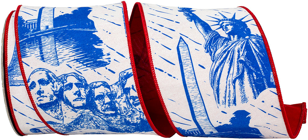 Red White Blue 4 Inch Toile Patriotic Americana Dupioni Backed Wired Edge Ribbon for Wreaths & Bows